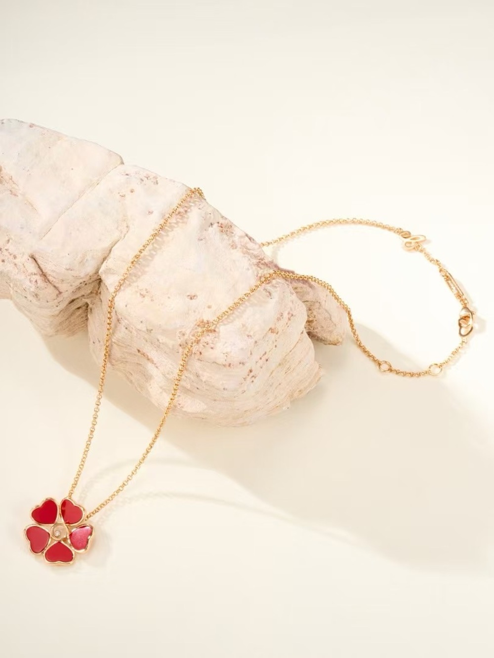 Chopard Gold Chain Necklace with Red Clover Pendant